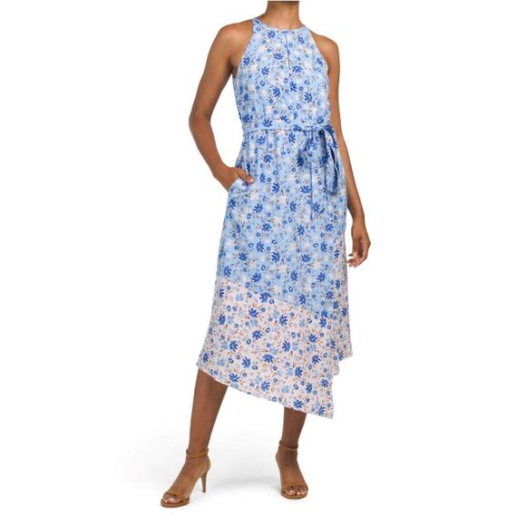 New Vince Camuto Women's Mixed Floral Print Halter Neck Asymmetric Midi Dress - Picture 1 of 6